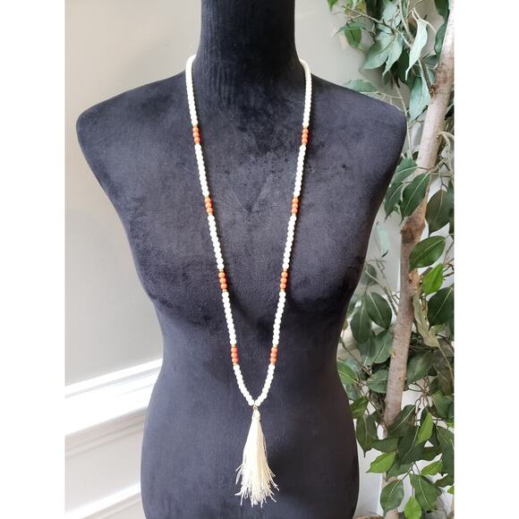 Women Beaded Long Necklace Ivory Red Beads Tassel Pendant Lobster Clasp Jewelry - Picture 1 of 6